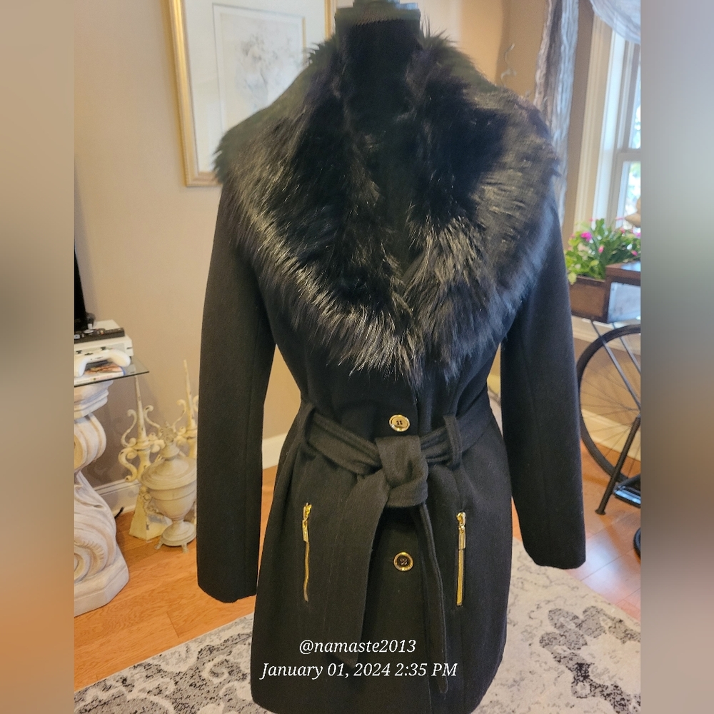 Guess Wool Blend Faux Fur Collar Pea Coat Luxury Designer Jacket Winter #677